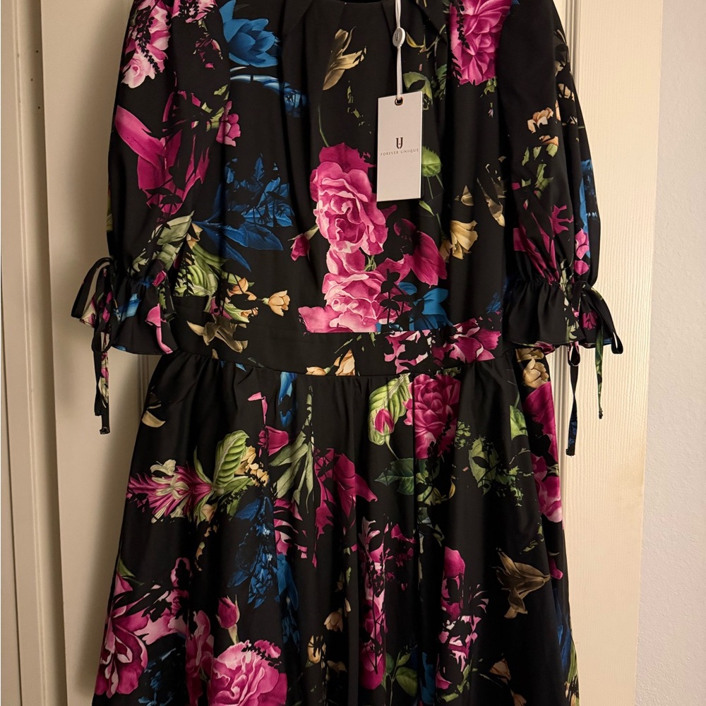 Forever Unique Black Dress with Pink and Green Floral Design